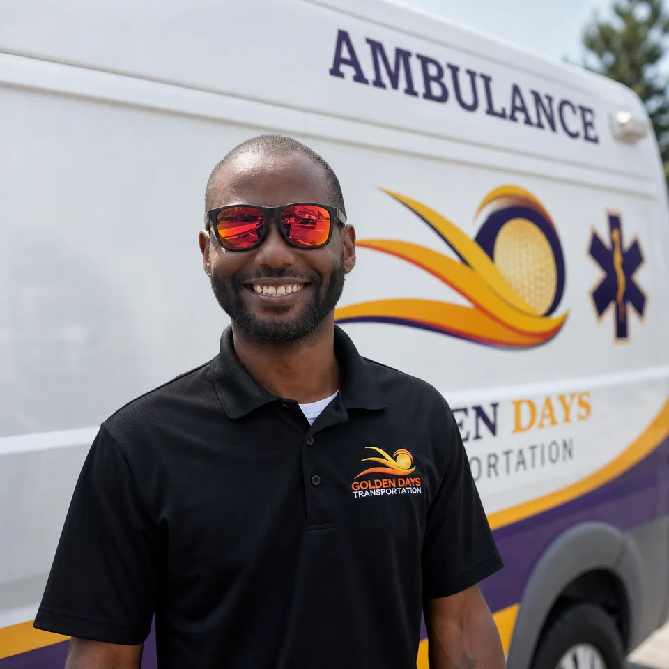 Golden Days team member standing beside a branded ambulance